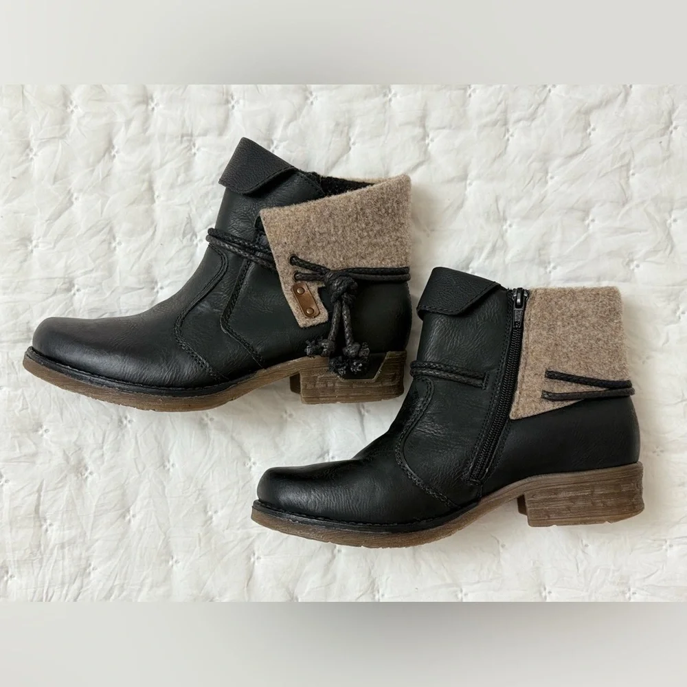 Rieker Fee 93 Black Faux Leather Ankle Boots Booties Women Size 38/7-7.5 Tassels